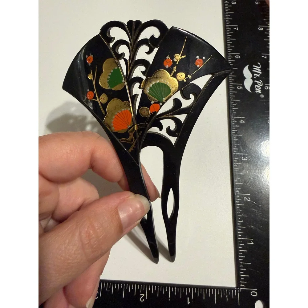 Japanese Kanzashi Hair Comb Fan Black Hand Painted Floral Gold Orange Green